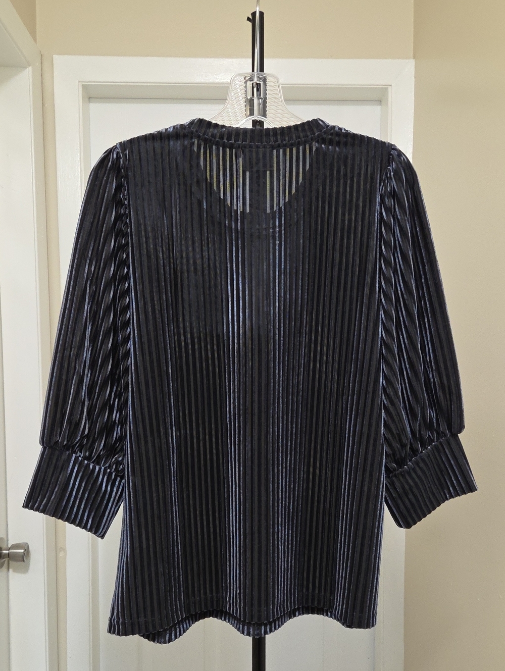 Kaffe Black Pleated Velvet Puff Sleeve Top | Shimmer Stripe Textured Blouse - Picture 9 of 10